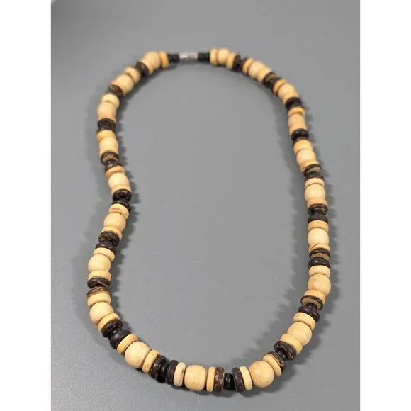 Y2K Brown Wood Bead Surfer Style Necklace Beach‎ Coastal 18 in - Picture 2 of 7